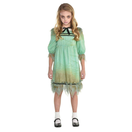 Creepy girl Halloween costume with green tattered dress and black bow for spooky kids