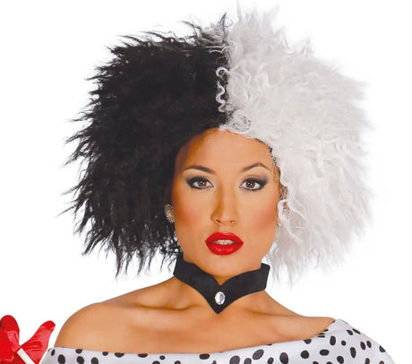 Woman wearing a black and white curly Cruella Deville costume wig with red lipstick and polka dot outfit