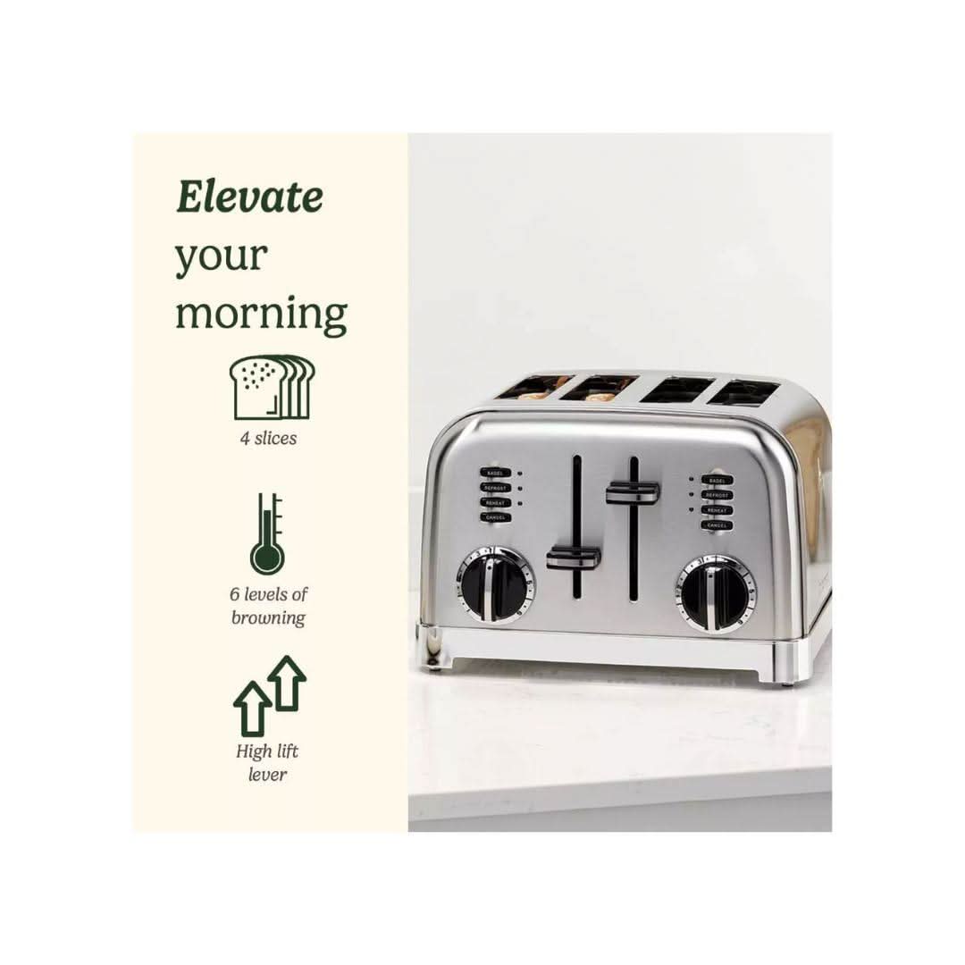 Cuisinart 4 slice toaster stainless steel with 6 browning levels and high lift lever on kitchen counter