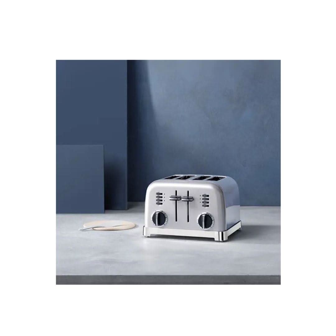 Cuisinart 4 slice toaster in stainless steel with dual control knobs and sleek design on kitchen countertop