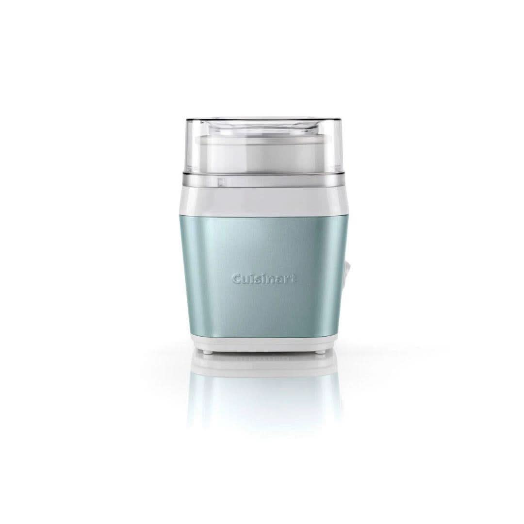 Cuisinart ice cream maker in metallic blue with clear lid for homemade frozen desserts