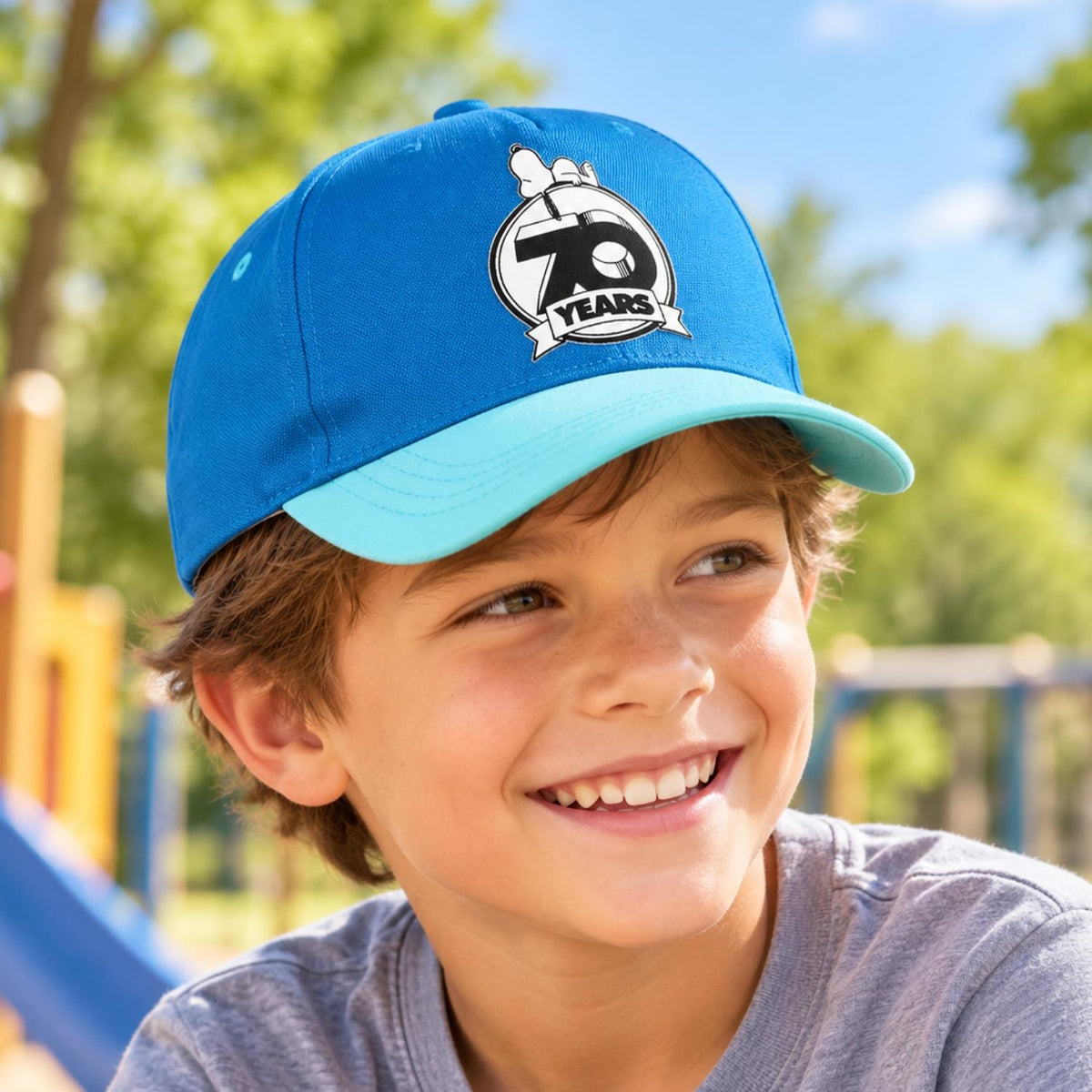Peanuts Snoopy 70 Years Logo Baseball Cap Blue and Turquoise