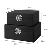 Black Wooden Storage Boxes with Silver Geometric Motif Set of 2