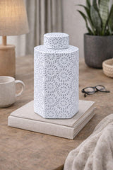 White Hexagonal Ceramic Vase with Black Swirl Pattern