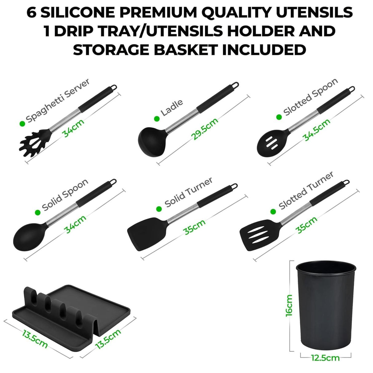 8 Piece Silicone Kitchen Utensil Set with Storage Bucket Black