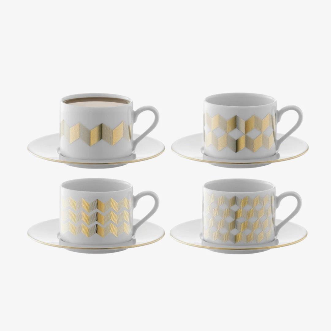 LSA Chevron Porcelain Teacup and Saucer 250ml Set Of 4 White and Gold