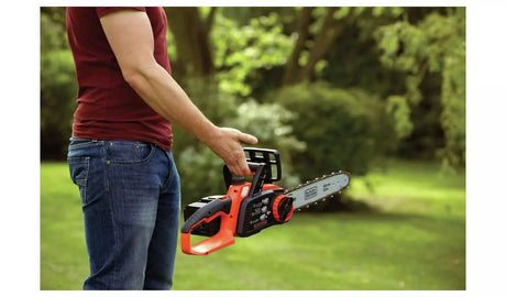 Person holding Black and Decker cordless chainsaw outdoors in green garden setting