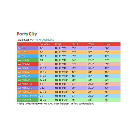 Size chart for womens fancy dress showing measurements for day of the dead costume for women
