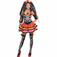 Day of the Dead costume for women with colorful skeleton design, floral headpiece, and layered skirt