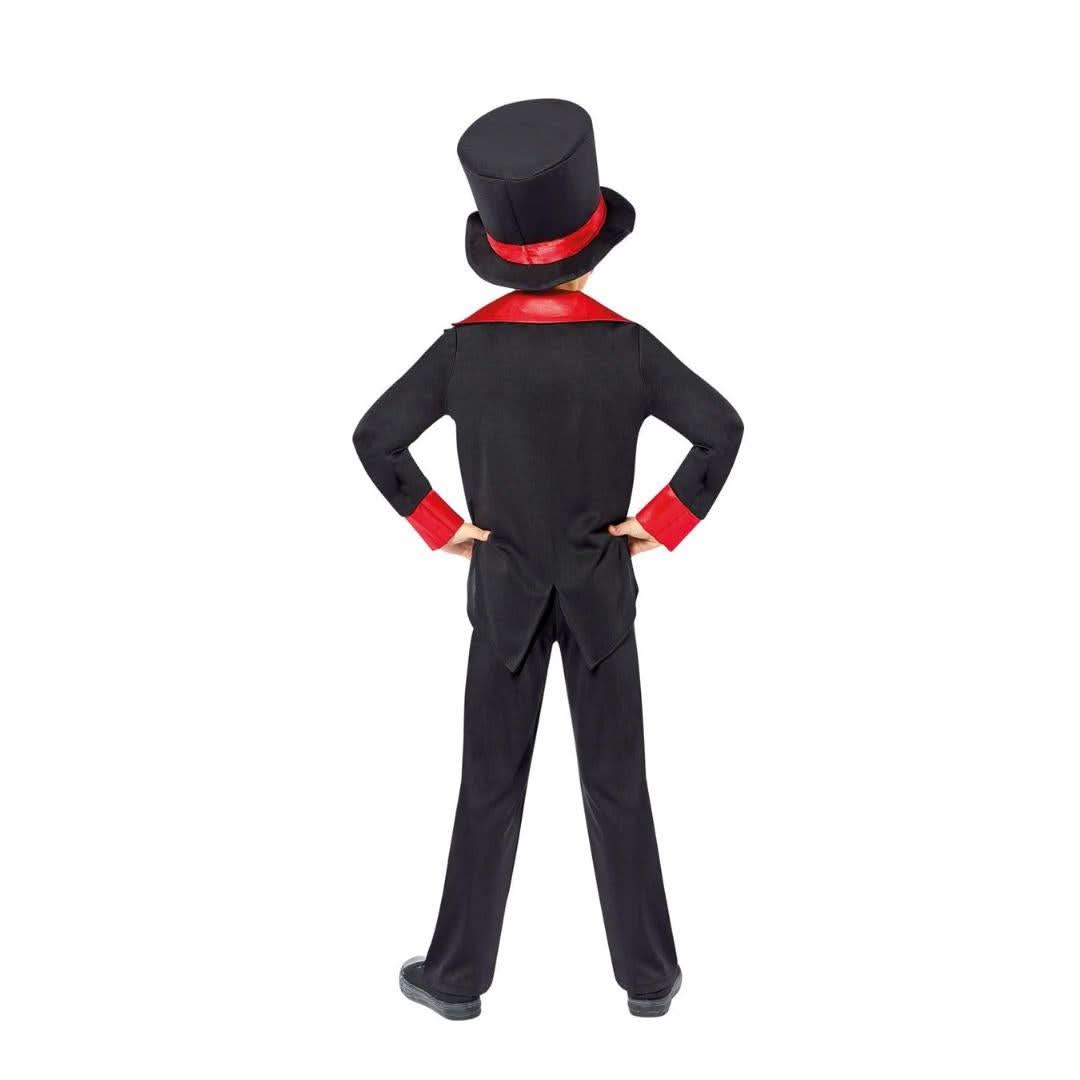 Boy wearing black and red Day of the Dead kids costume with top hat and tailcoat from CLICKK Home Store