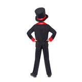 Boy wearing black and red Day of the Dead kids costume with top hat and tailcoat from CLICKK Home Store