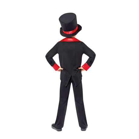 Boy wearing black and red Day of the Dead kids costume with top hat and tailcoat from CLICKK Home Store