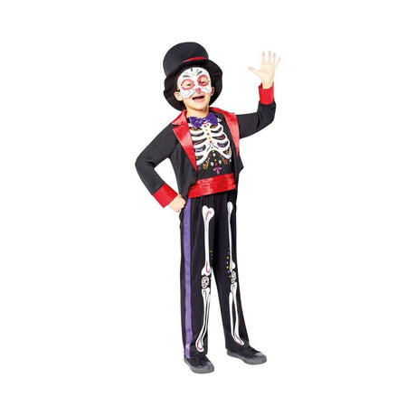 Child wearing Day of the Dead kids costume with skeleton print, red accents, and black top hat