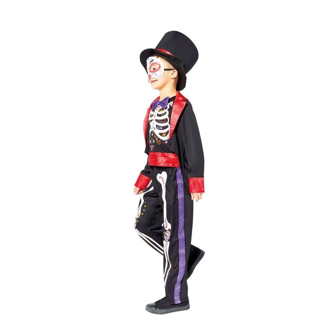 Child wearing Day of the Dead kids costume with skeleton design, top hat, and colorful details