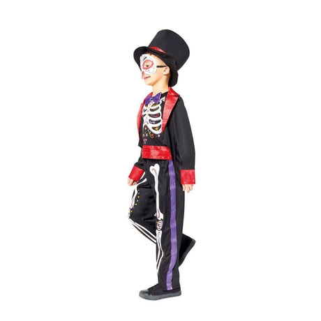 Child wearing Day of the Dead kids costume with skeleton design, top hat, and colorful details