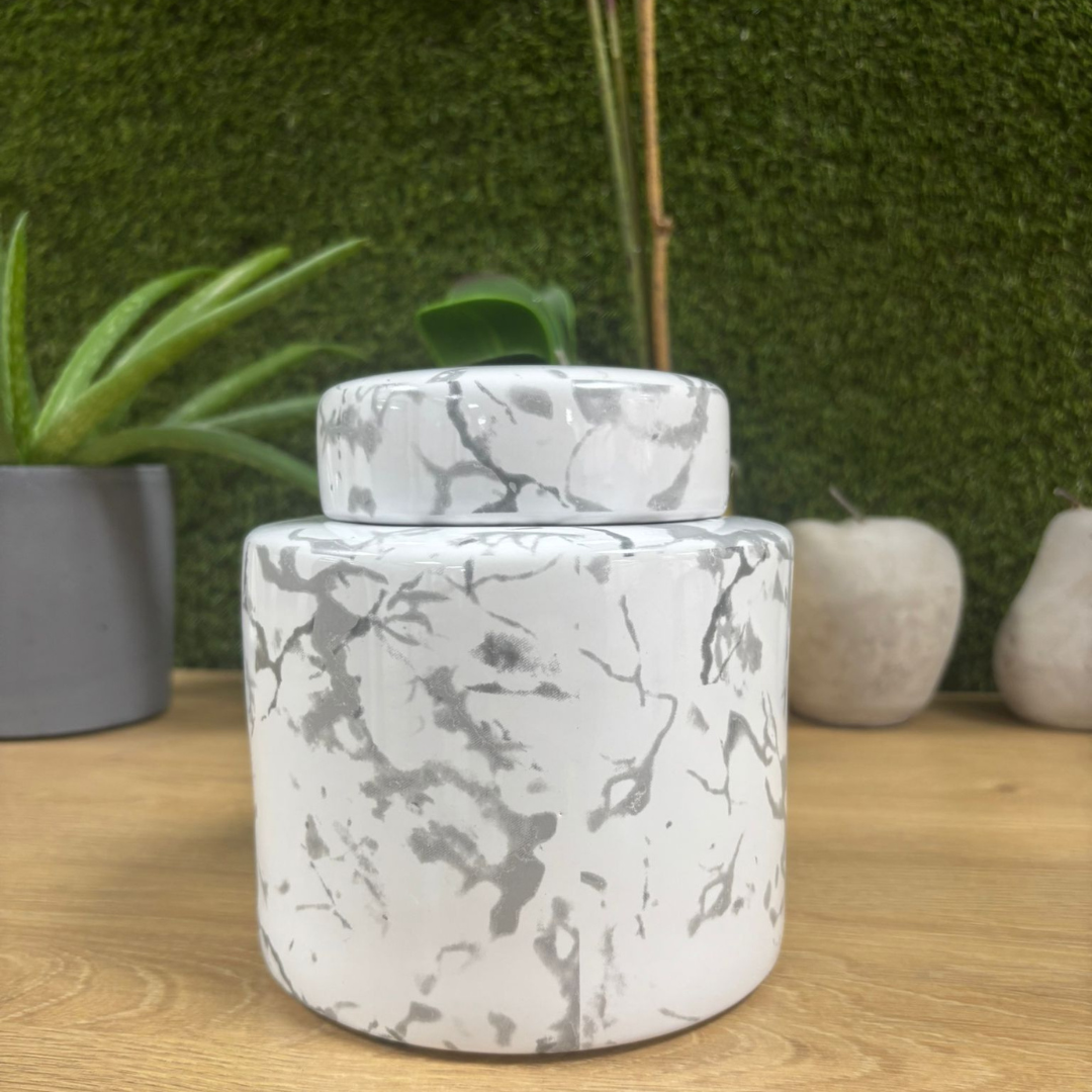 White and Grey Marble Effect Storage Jar with Lid H16.5cm