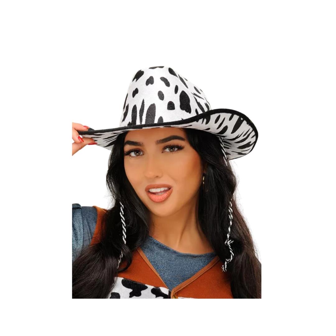 Women's Western Cowgirl Black and Off White Cow Print Hat One Size