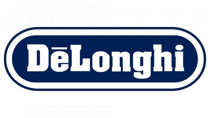 DeLonghi logo in navy blue and white representing the brand for De'Longhi cappuccino glasses set