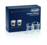 De'Longhi cappuccino glasses set with six double-walled clear glass cups for creamy coffee