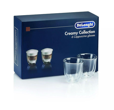 De'Longhi cappuccino glasses set with six double-walled clear glass cups for creamy coffee