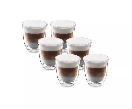 De'Longhi cappuccino glasses set with double-walled design holding layered cappuccinos