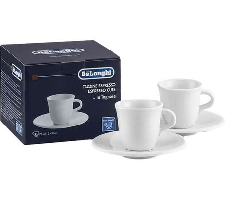 De'Longhi ceramic espresso cups set with white saucers displayed next to branded packaging box