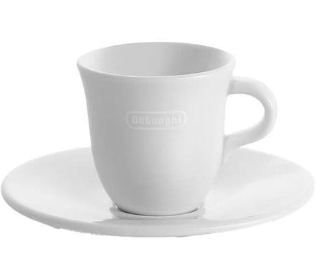 White De'Longhi ceramic espresso cups with matching saucer for elegant coffee serving