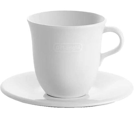 White DeLonghi porcelain cappuccino cups with matching saucer for elegant coffee serving