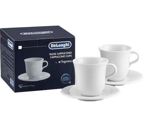 DeLonghi porcelain cappuccino cups set with two white cups and saucers next to branded packaging box