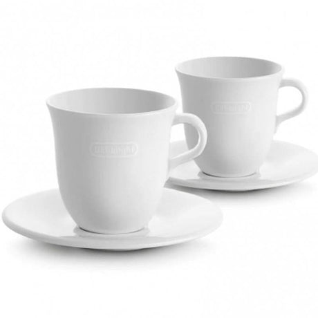 Set of two white DeLonghi porcelain cappuccino cups with matching saucers from CLICKK Home Store