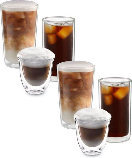De'Longhi double wall glasses set with iced coffee and espresso drinks in clear glass
