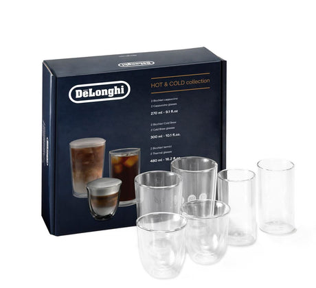 De'Longhi double wall glasses set with packaging showing various sizes for hot and cold drinks