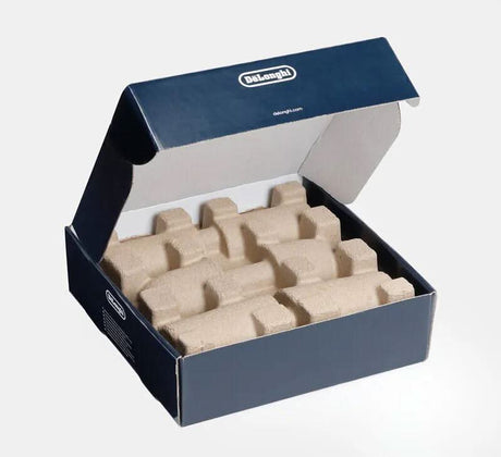Open box packaging for De'Longhi double wall glasses set with protective cardboard inserts