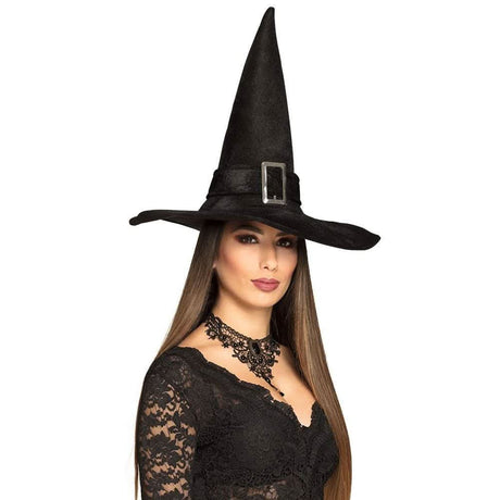 Deluxe witch hat with buckle worn by woman in black lace dress and gothic choker necklace