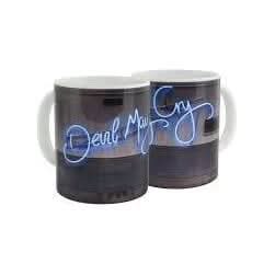 Devil May Cry mug featuring neon blue lettering on a sleek black design
