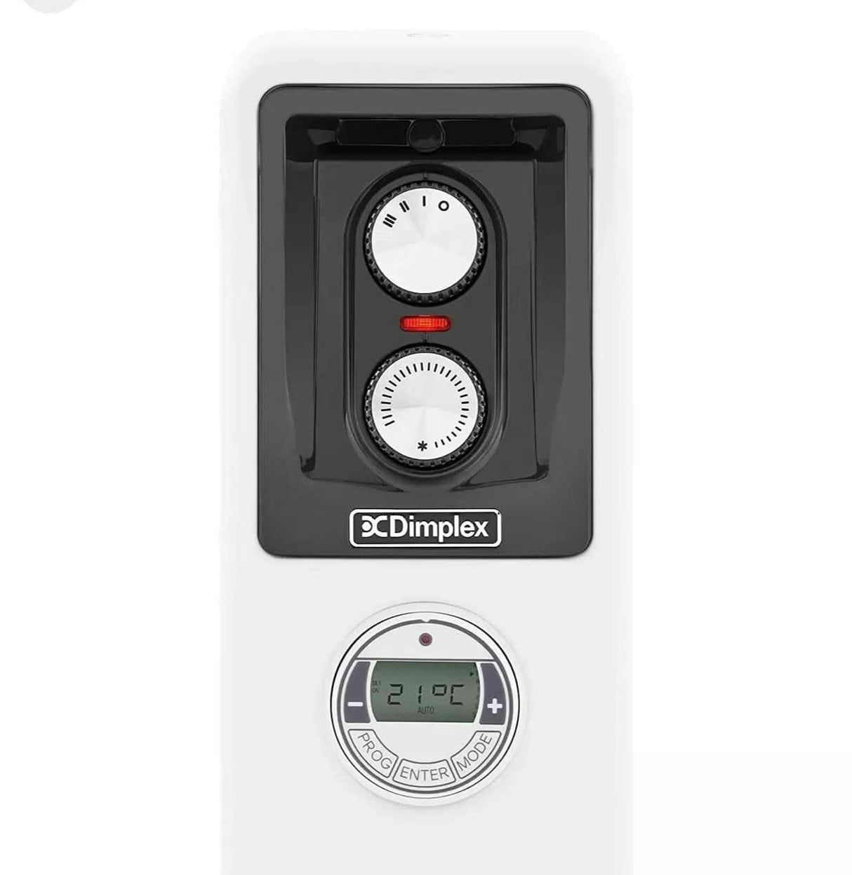 Control panel with dials and digital display of Dimplex 2kW oil filled radiator in white