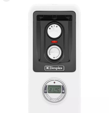 Control panel with dials and digital display of Dimplex 2kW oil filled radiator in white