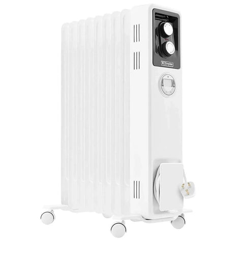 Dimplex 2kW oil filled radiator in white with control knobs and caster wheels for easy mobility