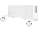 Close-up of white Dimplex 2kW oil filled radiator caster wheels and lower fins for easy mobility
