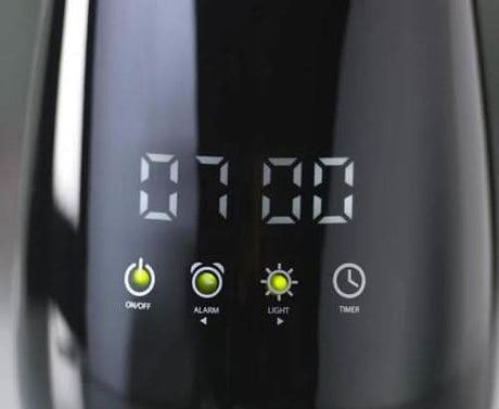 Close-up of Dimplex aroma diffuser digital display with on off alarm light and timer buttons