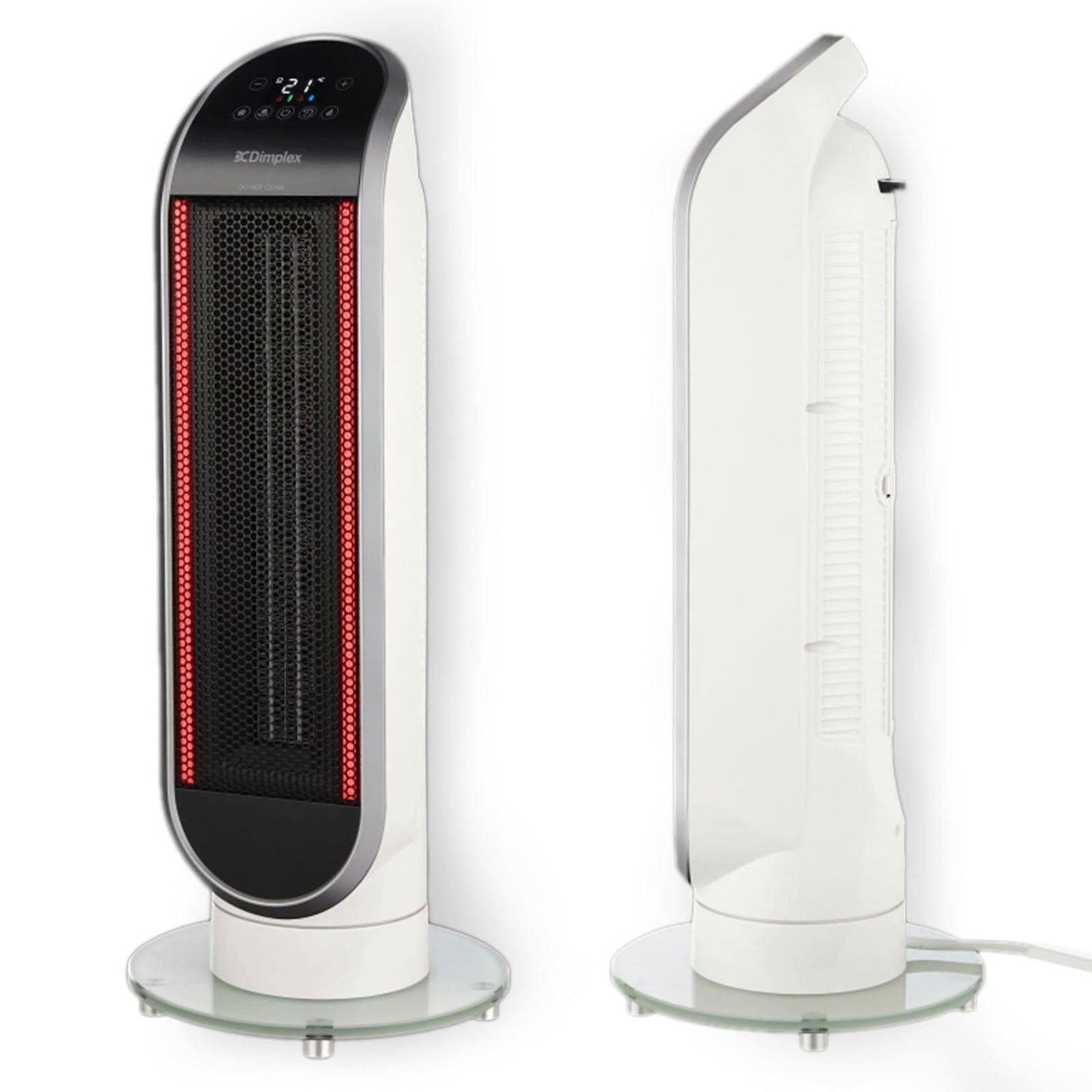 Dimplex Heater Fan Adjustable Thermostat tower heater with digital display and glass base shown from front and side