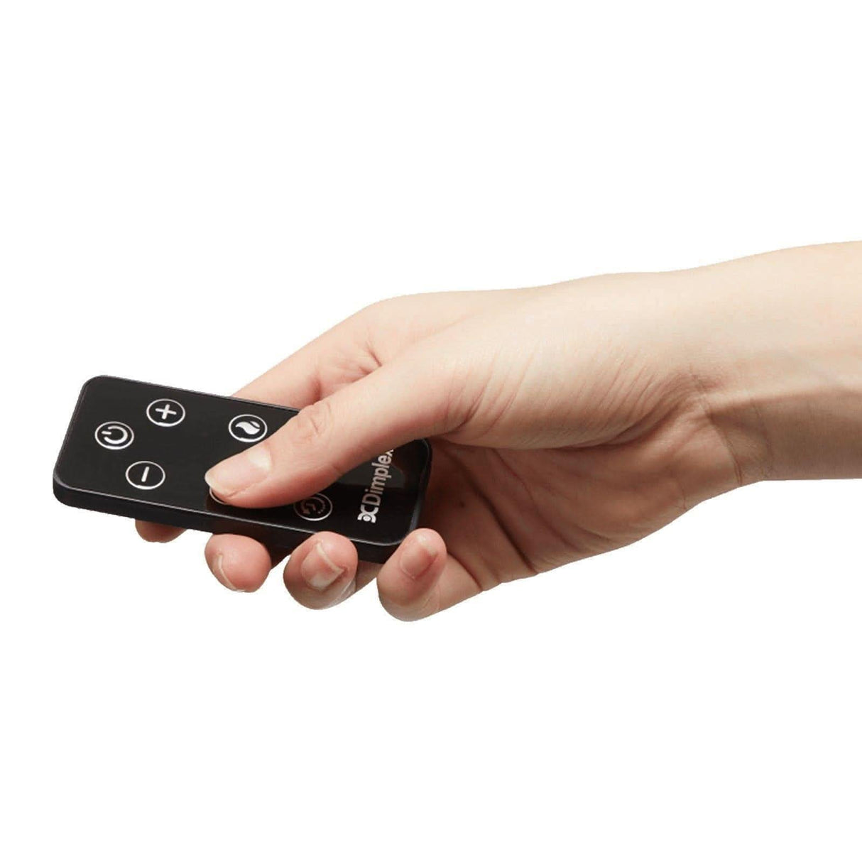 Hand holding remote control for Dimplex Heater Fan Adjustable Thermostat with power and temperature buttons