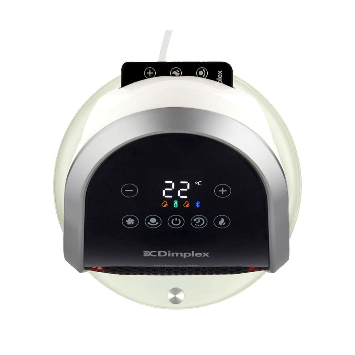 Dimplex Heater Fan Adjustable Thermostat with digital display and control buttons in white and silver