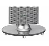Close-up of silver Dimplex Studio G Tower Heater base with circular glass stand and ventilation grille