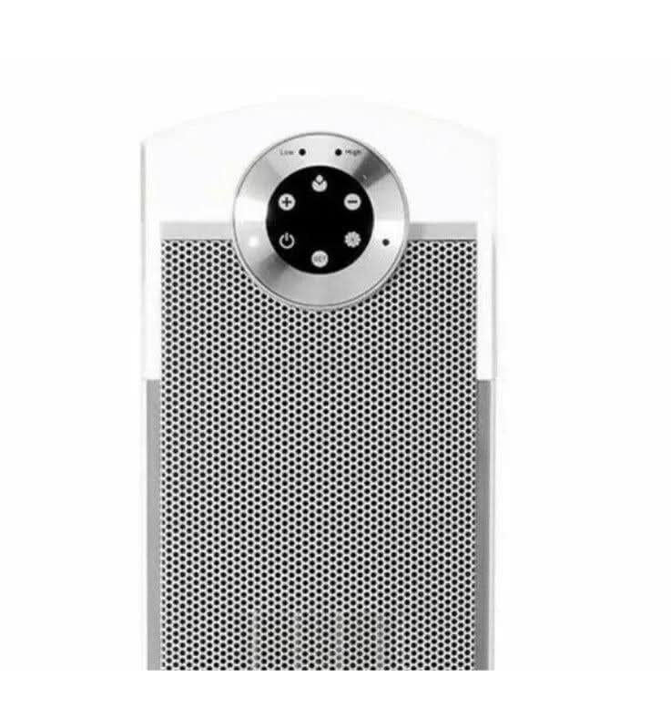 Dimplex Studio G Tower Heater close-up showing black control panel with buttons on white and gray body