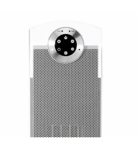 Dimplex Studio G Tower Heater close-up showing black control panel with buttons on white and gray body