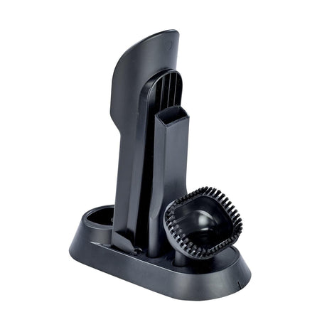 Black accessory holder stand for Dirt Devil handheld vacuum with multiple cleaning attachments