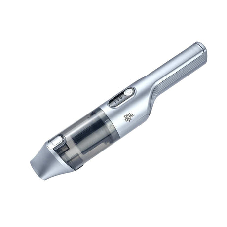 Silver Dirt Devil handheld vacuum with transparent dust container and ergonomic handle