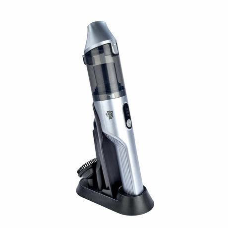 Silver and black Dirt Devil handheld vacuum with charging dock for compact cleaning