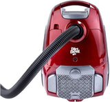 Dirt Devil red canister vacuum cleaner with flexible hose and front filter panel